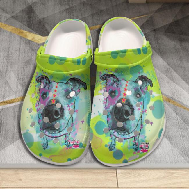 Preview: Clogs mit Hundemotiv Sancho - Gartenschuhe, Gummischuhe, bunt, Unisex, Grösse 36-43, Mischling, Mix, AmStaff, Staffordshire, Staff, Pitbull, Pit, SOKA, Listenhund